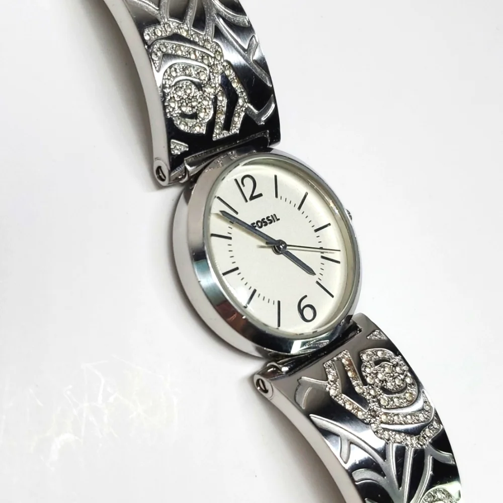 Fossil Blue ES2763 Silver Steel Bangle Floral Pave Wristband White Face